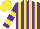 Purple, yellow stripes, yellow bars on sleeves, yellow cap