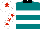 Teal, two white hoops, black collar, white sleeves, red stars, white cap, red star
