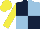 Dark blue and light blue (quartered), yellow sleeves and cap