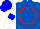 Royal blue, red circle, white sleeves, blue hoop, blue cap