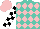Turquoise, pink diamonds, black and white blocks on sleeves, pink cap