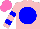 Pink, blue disc, blue bars on sleeves, rose cap