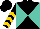 Black and turquoise diagonal quarters, gold chevrons on black sleeves