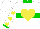 White, yellow heart front and back, green hoop on shoulders, yellow hearts on white sleeves, green cuffs and collar, yellow hearts on white cap