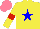 Yellow, blue star, red armlets, salmon cap