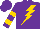 Purple, gold lightning bolt and 'bj' on back, gold bars