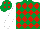 Emerald green & red diamonds, white sleeves, emerald green cap, red diamonds