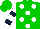 Green, white dots, dark blue bars on white sleeves, green cap