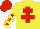 Yellow body, red cross of lorraine, yellow arms, red stars, red cap