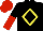 Black, yellow diamond frame, black horses head, black and red halved sleeves, red cap
