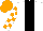 White, black stripe, black collar, orange & white checked sleeves, orange cap