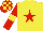 Yellow, red star, red sleeves, yellow armlets, check cap