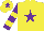 Yellow, purple star, purple and yellow hooped sleeves, yellow cap, purple star