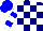 Navy blue & white blocks, blue bars on white sleeves, blue cap