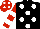 Black, white spots, white bars on red sleeves, white dots on red cap