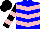 Blue, pink inverted chevrons, pink bars on black sleeves, black cap