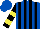 Royal blue, black stripes front and back, yellow horse on back, black and yellow bars on sleeves