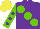 Purple, large light green spots, light green sleeves, purple spots, yellow cap