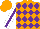 Orange, purple diamonds, purple stripe on white sleeves