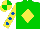 Green, yellow diamond, royal blue dots on yellow sleeves, royal blue, yellow and green quartered cap