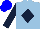 light blue, dark blue diamond, dark blue arms, blue cap