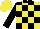 Yellow & black blocks, silver wolf on shield, black collar, black sleeves, yellow cap