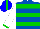 Royal blue, green bars & cuffs on white sleeves, green stripe on blue cap