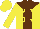 Yellow, yellow horseshoes on brown yoke, brown panel, yellow cap
