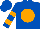 Royal blue, orange ball, orange hoops on sleeves