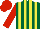 Dark green and yellow stripes, red sleeves and cap