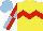 Yellow, red chevron hoop, light blue and red quartered sleeves, light blue cap, red chevron hoop