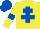 Yellow, royal blue cross of lorraine, royal blue armlet, royal blue cap
