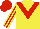 Yellow, red chevron, red and yellow striped sleeves, red cap
