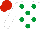 WHITE, EMERALD GREEN spots, RED cap